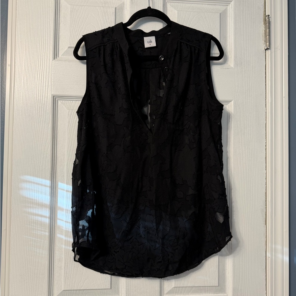 CAbi black semi sheer floral black blouse with front buttons, size